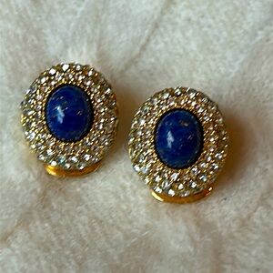 Vintage DIOR Classic Gold Tone, blue Cabochon lapis and Rhinestones Ear Clips